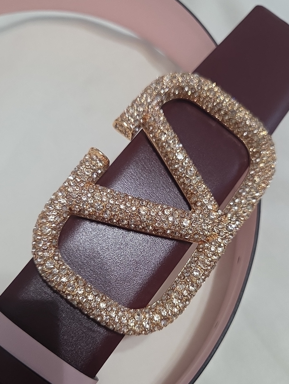 Valentino Maroon Pink Leather Belt Gold Crystal-Embellished V Buckle
